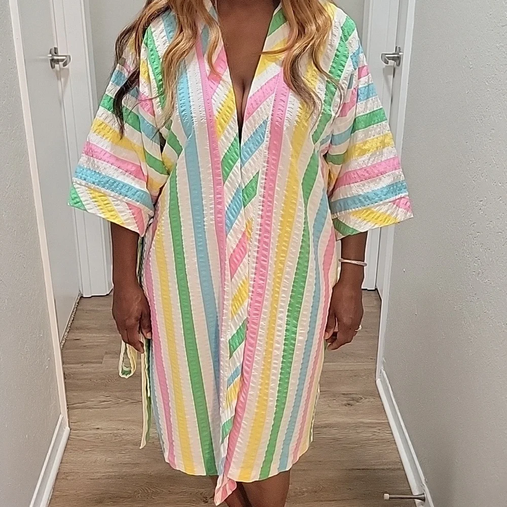 VTG | Vintage Multicolored Striped Kimono Style Robe - Picture 2 of 11
